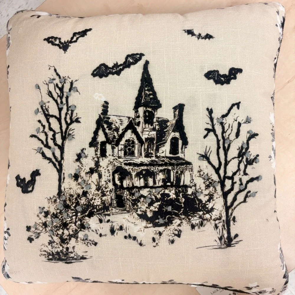 Laura Ashley Chedwell Haunted House Embroidered Decorative Pillow Halloween